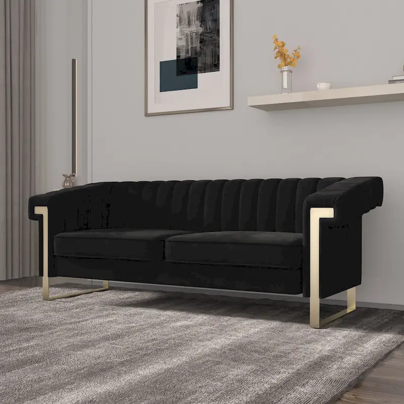 Takefuns Traditional Chesterfield Tufted Velvet Sofa, Couch with Removable Cushions and Gold Legs