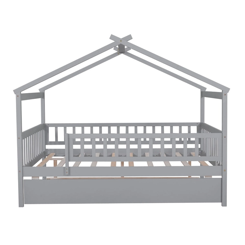 Full Pine House Bed with Twin Trundle, Guardrail