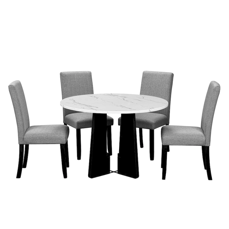 5 Piece Kitchen Table and Chairs Set, 4 People Round Dining Table Set, 4 Upholstered Chairs with Rubber Wood Legs