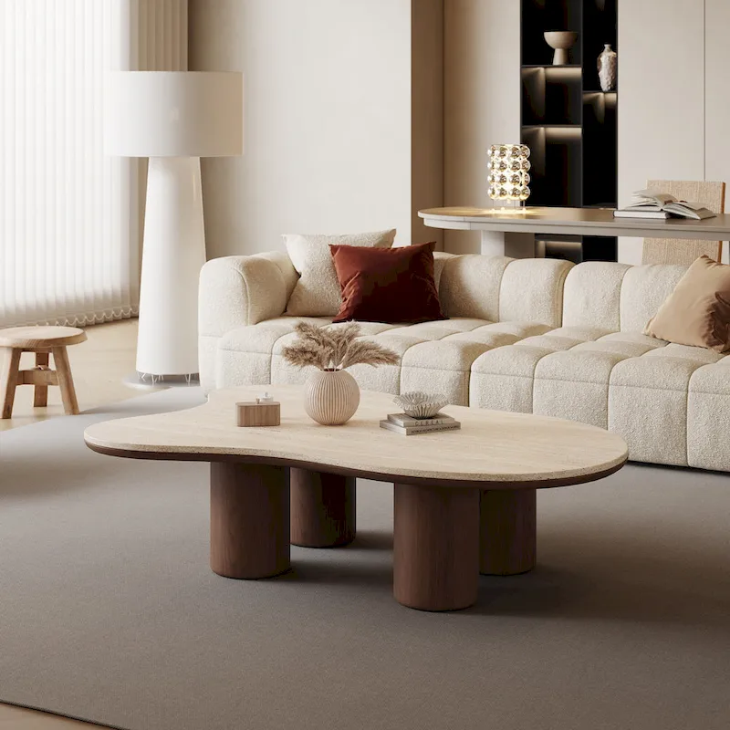 48 Modern Wood Coffee Table, Matte Stone Top, cloud Shaped