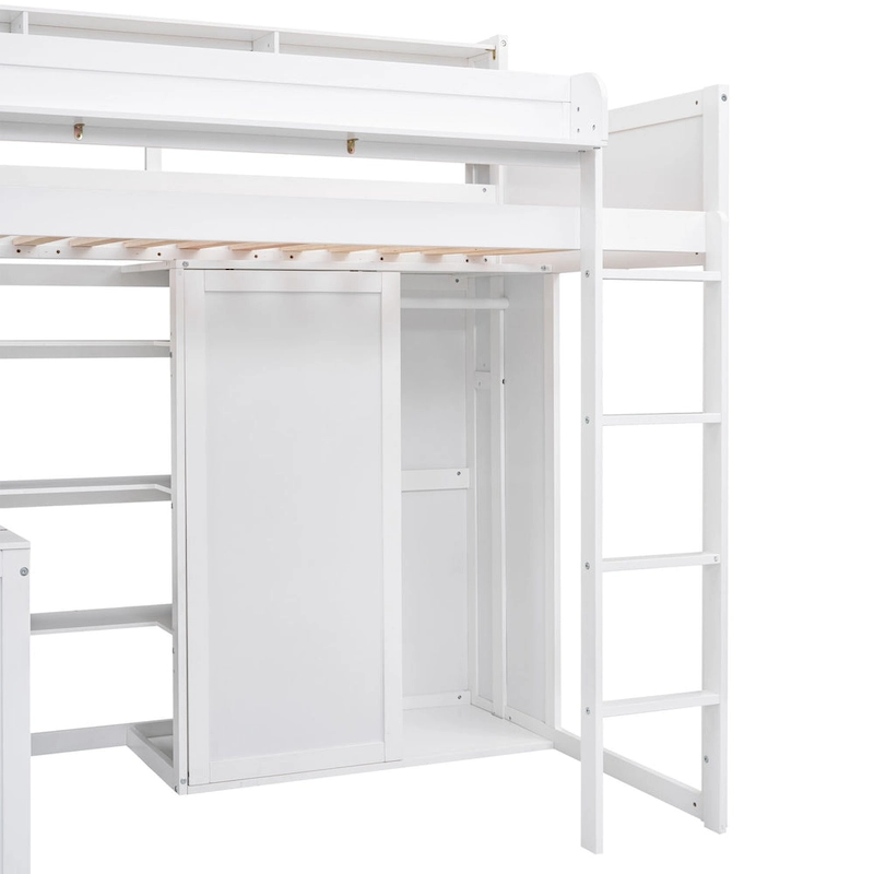 Twin Wood Loft Bed with Shelves, Wardrobe, and Desk
