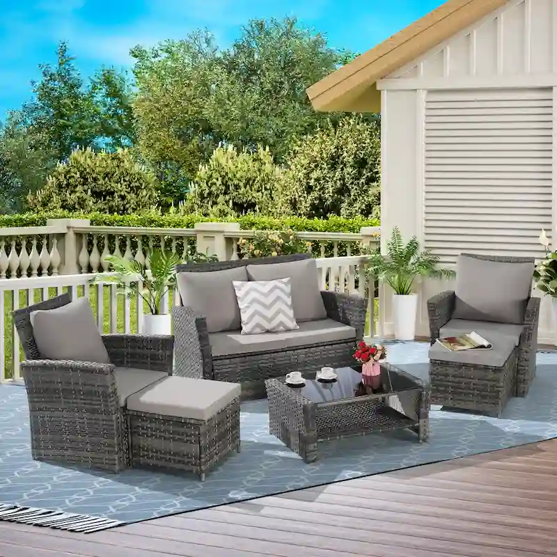 6 Piece Wicker Patio Furniture Sets with Tempered Glass Coffee Table & Ottoman
