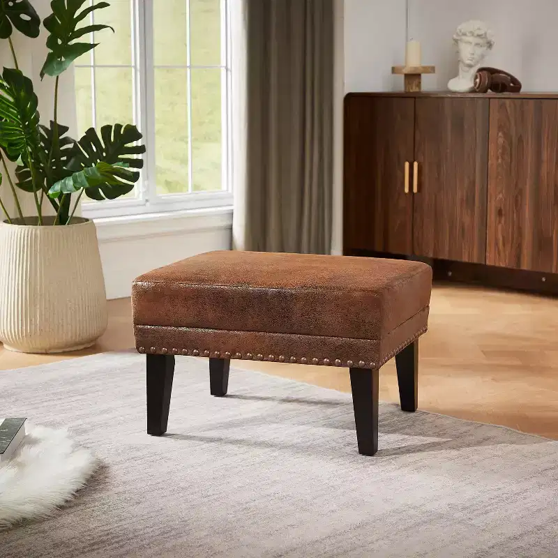 Gray Upholstered Rectangle Ottoman with Nailhead Trim – Seats 1
