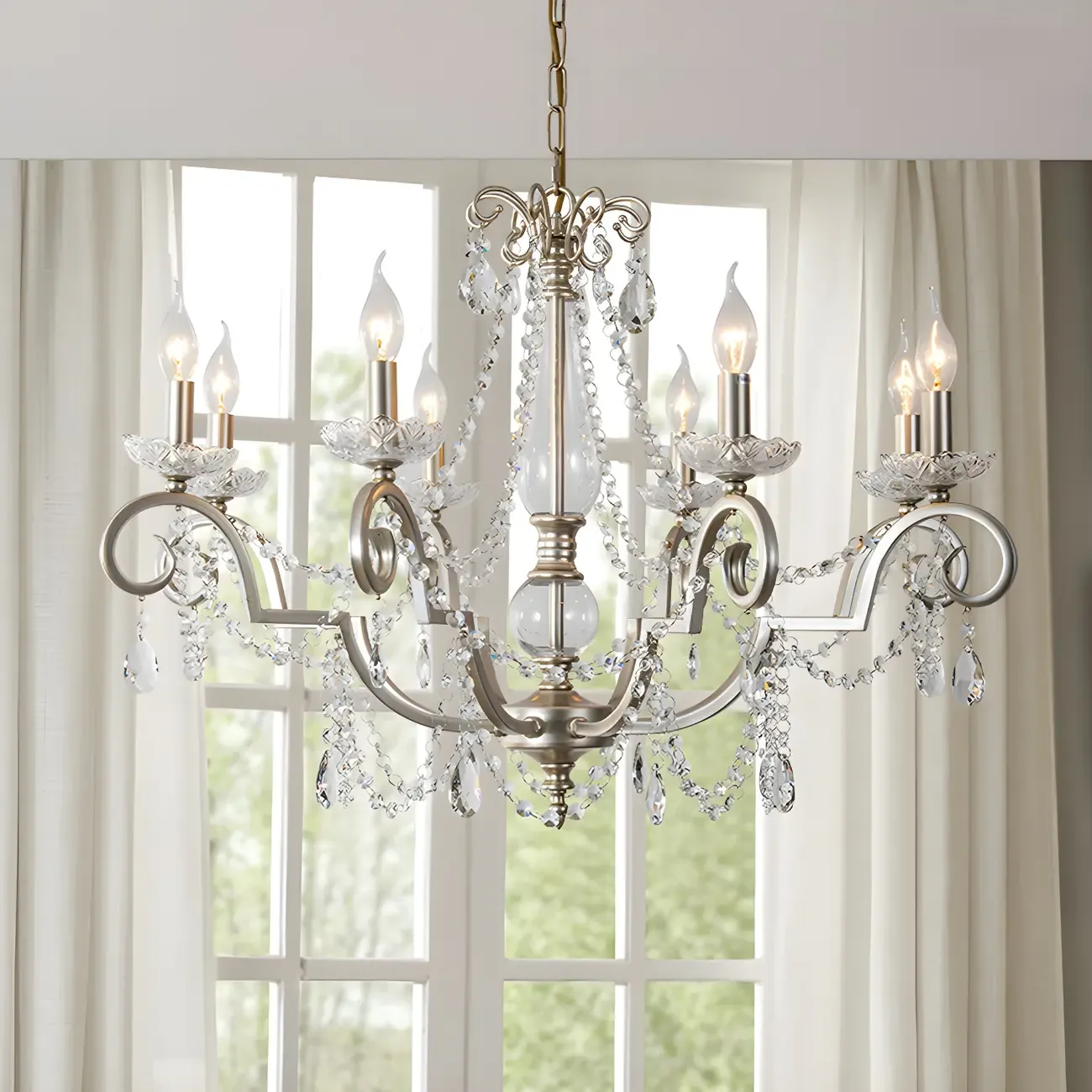 Adjustable Hanging Silver Crystal Candelabra Chandelier