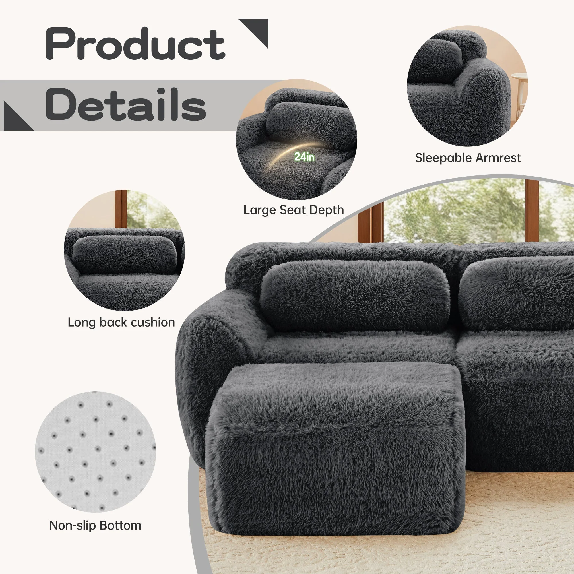 Soft And Fluffy Plush Boneless Modular Sofa with Ottoman