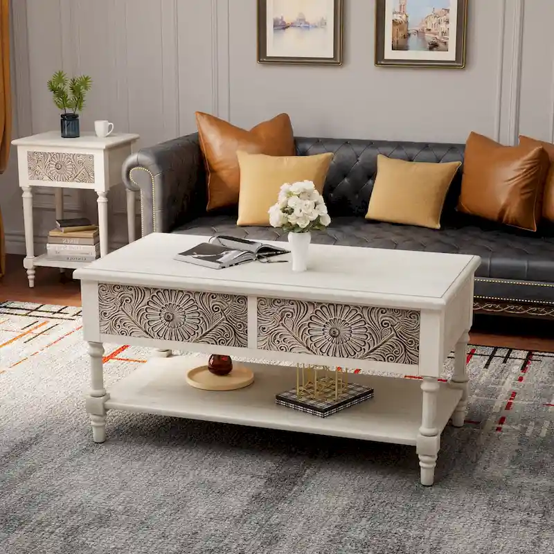 Rectangular Coffee Table, 2 Drawers & Open Shelf, MDF with Veneer, Flower Pattern, 39.2"W x 19.6"D x 19.6"H, 80 lbs