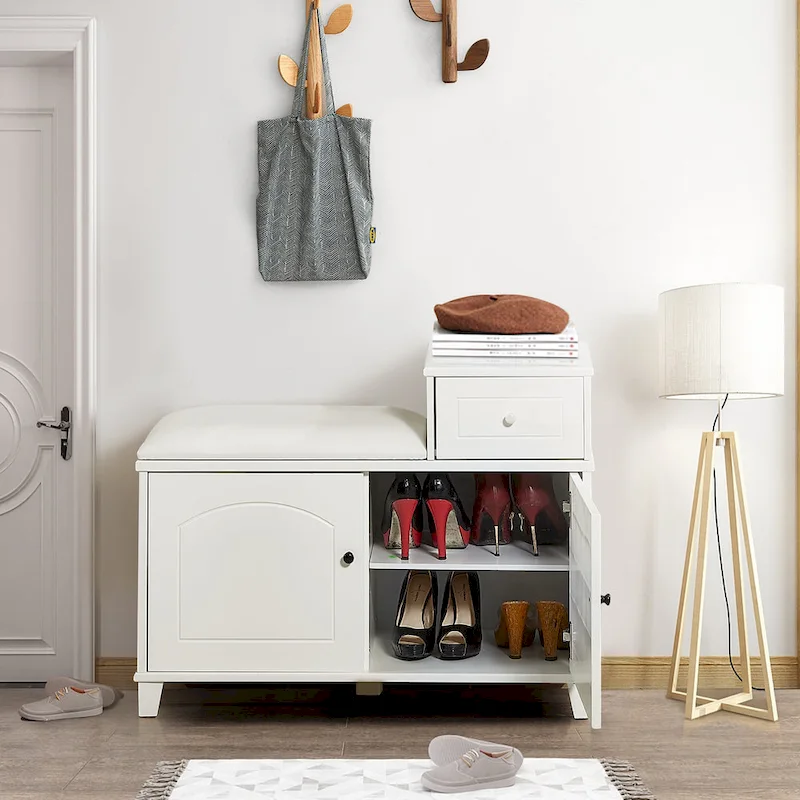 Wooden Shoe Storage Bench Shoe Ottoman Cabinet with Drawer,White