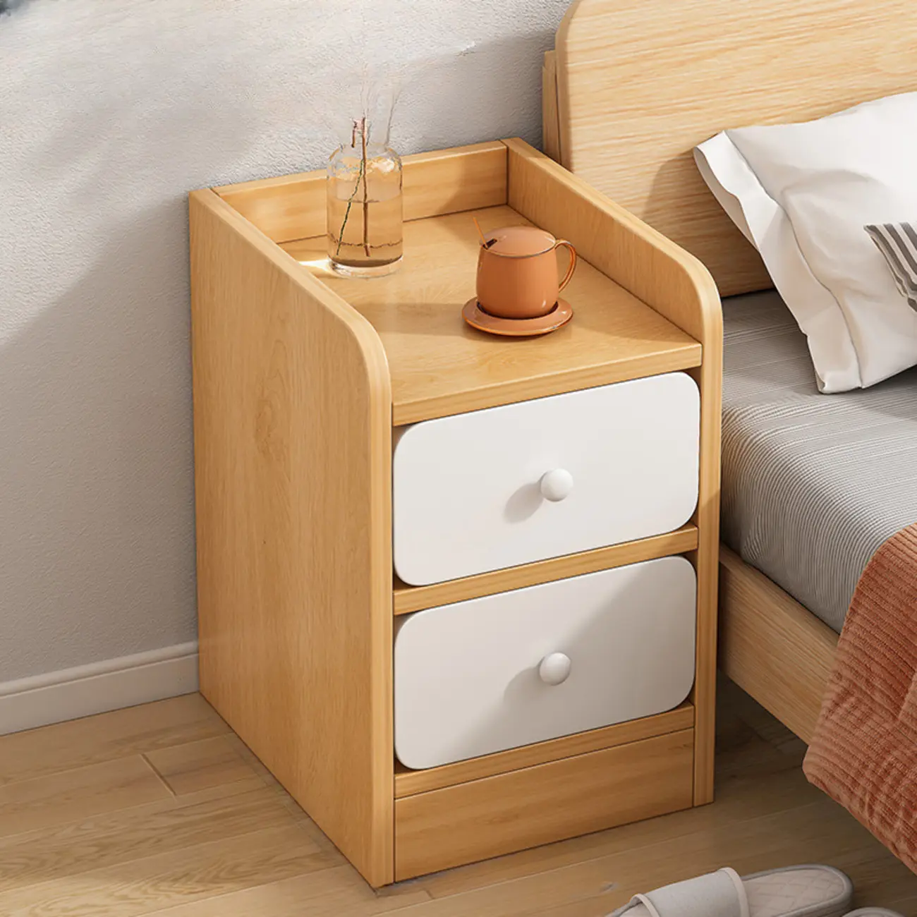 Simple White Natural Wood 2-Drawer Nightstand