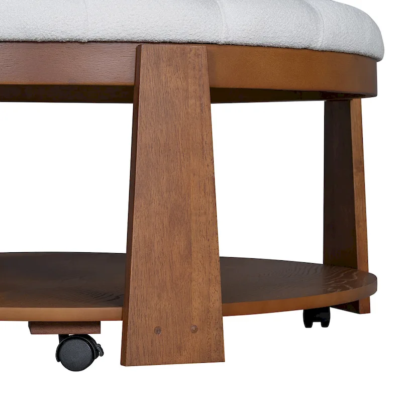 36  Round Button Tufted Upholstered Coffee Table with Wood Shelf and Wheel