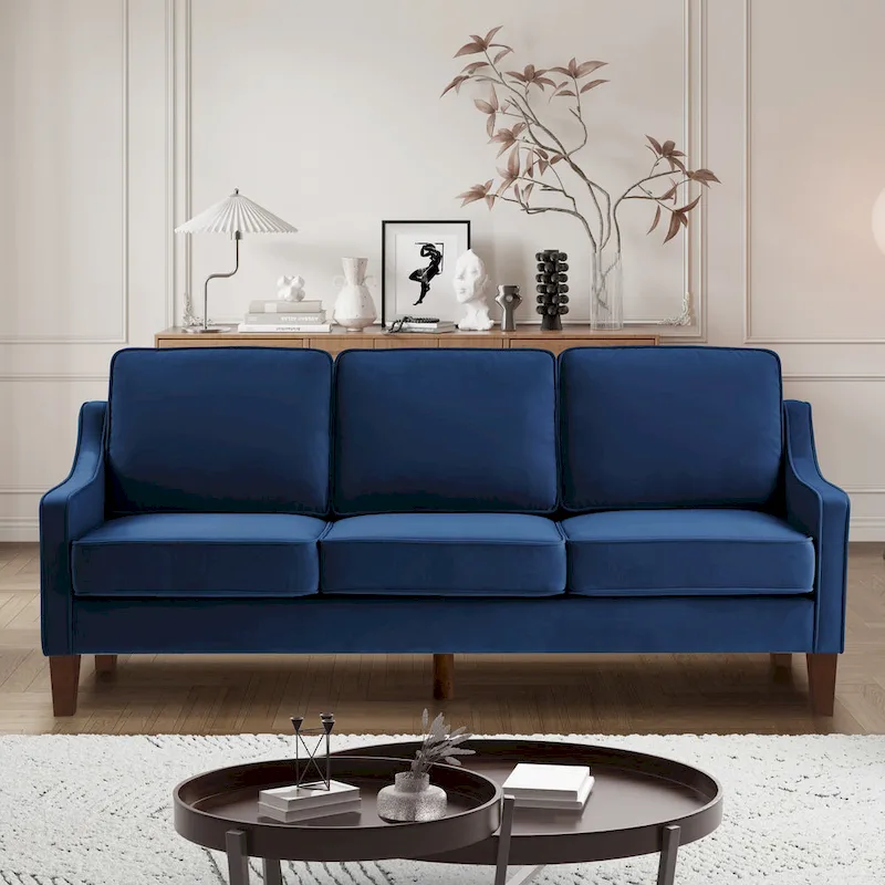 Modern 3-Seat Sofa Couch with Scooped Armrest and Wood Legs - 29.00 x 74.00 x 34.25