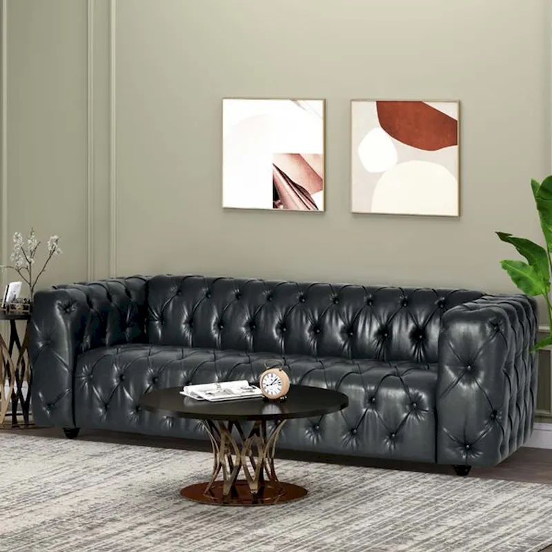 Faux Leather Button Tufted 3-seater Sofa with Wood Legs