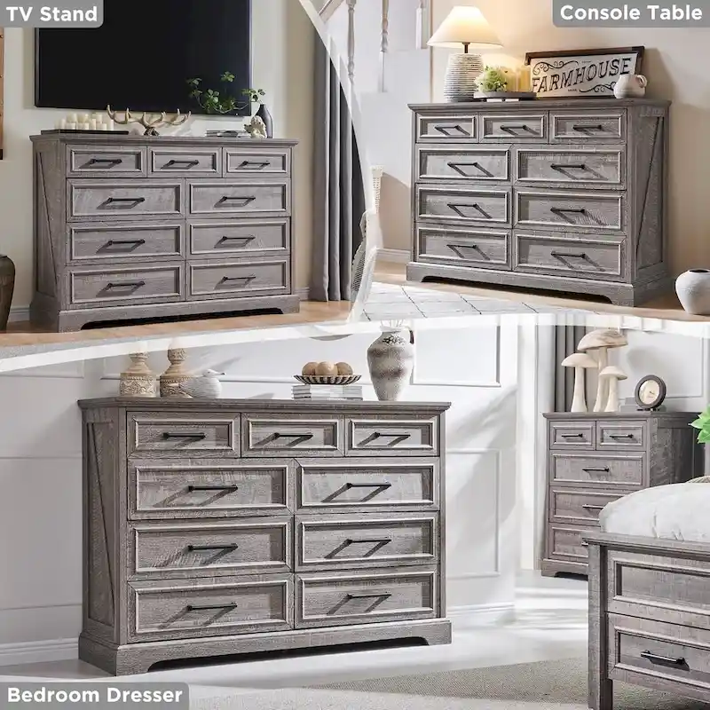 9-Drawer Dresser, Farmhouse, Blue/Grey/Brown/Off White/Black, Engineered Wood