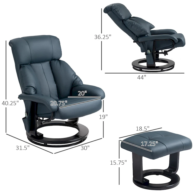 HOMCOM Massage Recliner Chair with Ottoman, 360 Swivel Recliner and Footstool, PU Leather Reclining Chair, Gray