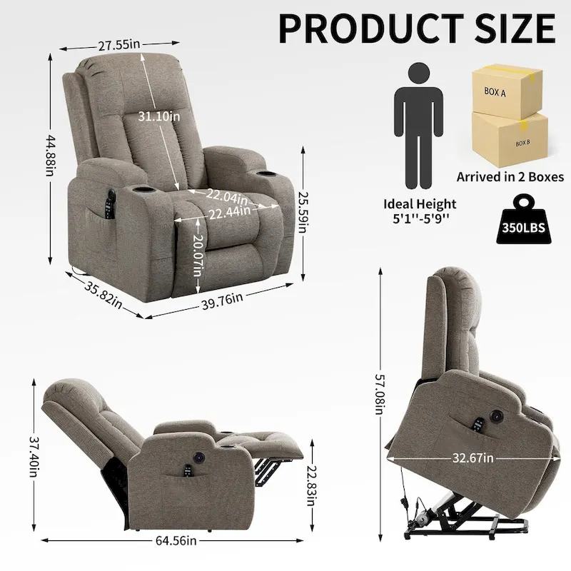 Infinite Position Okin Motor Up to 350 LBS Power Lift Recliner Chair for Elderly, Heavy Duty Motion Mechanism with 8-Point Vibra
