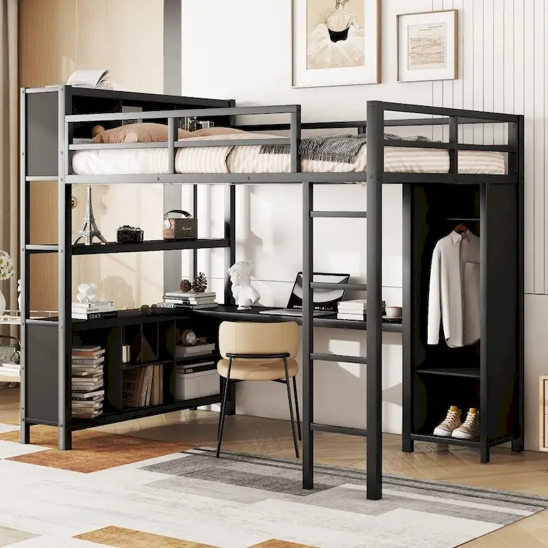 Metal Loft Bed with Wardrobe And L-Shaped Desk