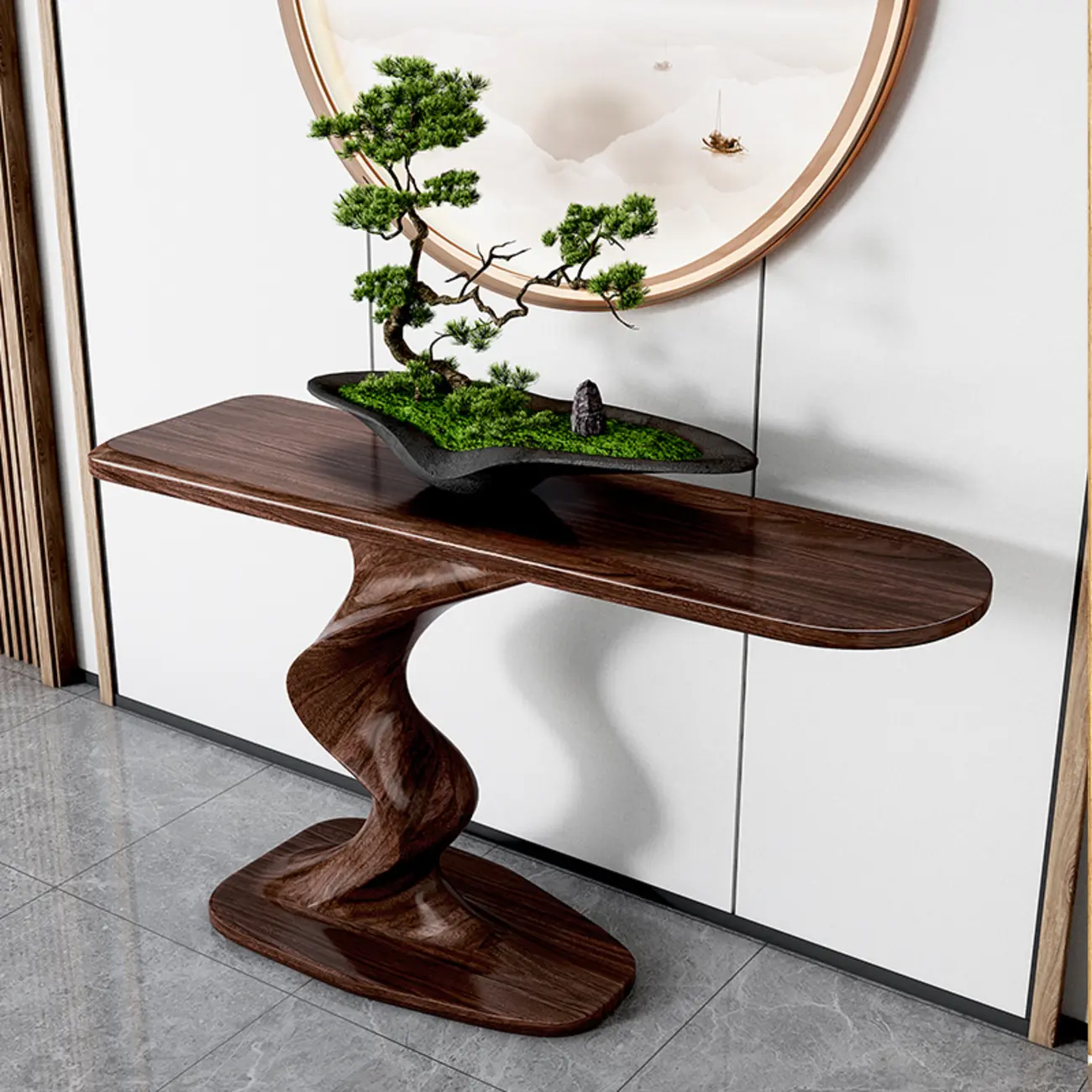 Modern Ash Wood Console Table with Sculptural Base