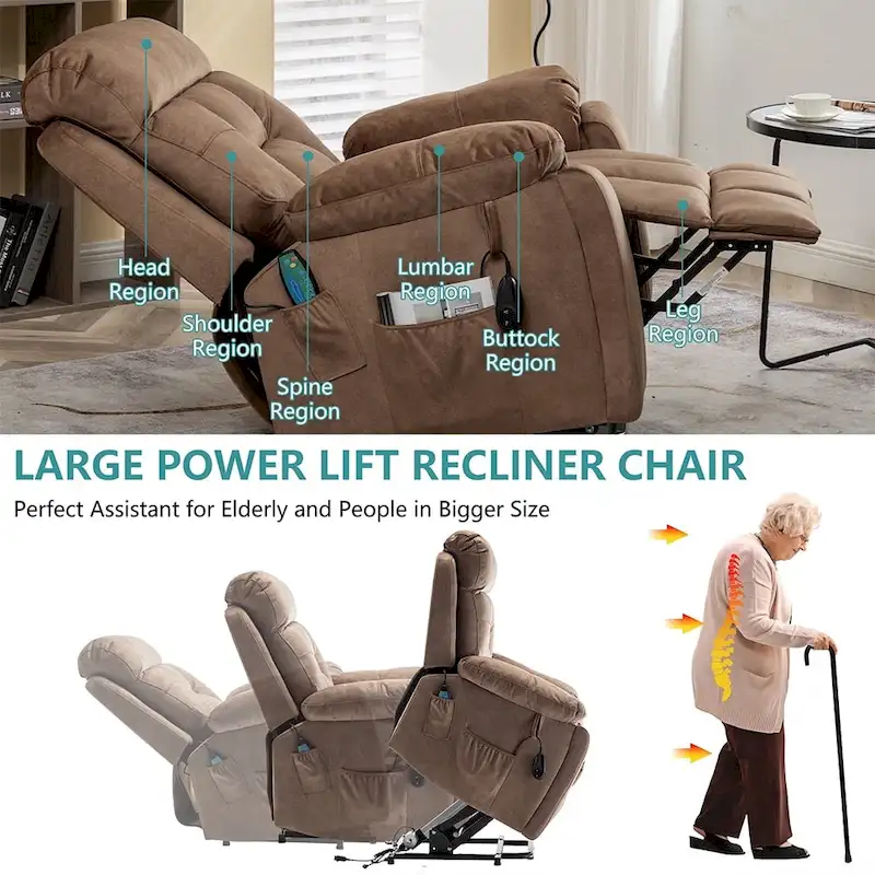 Power Lift Recliner, Massage & Heat, Velvet, 8-Point Massage, Cup Holder, Reclines 160°, Seats 1, Light/Dark Brown