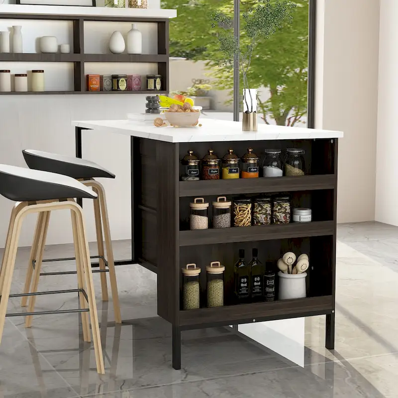 55.1W Buffet Kitchen Island Cabinet with Open Shelves Two Drawers