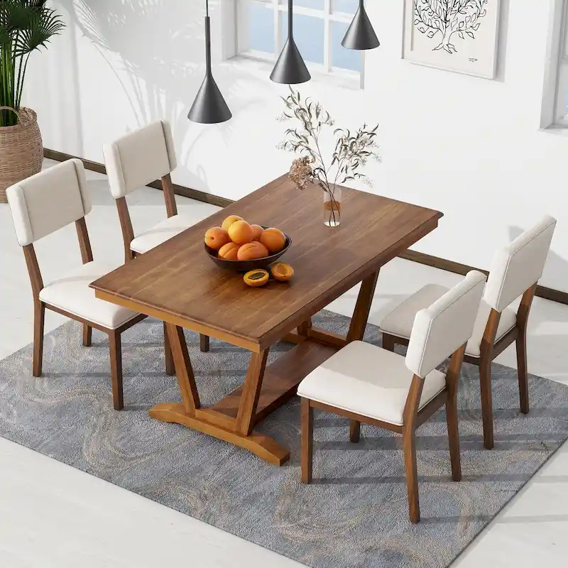 Rustic 5-Piece Dining Set - Solid Wood Table with Trestle Base, 59-inch Rectangular Dining Table and 4 Upholstered Chairs