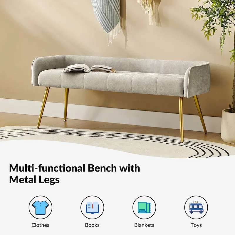 Luis Modern Upholstered Low Back Bench with Sturdy Golden Metal Tapered Leg by HULALA HOME