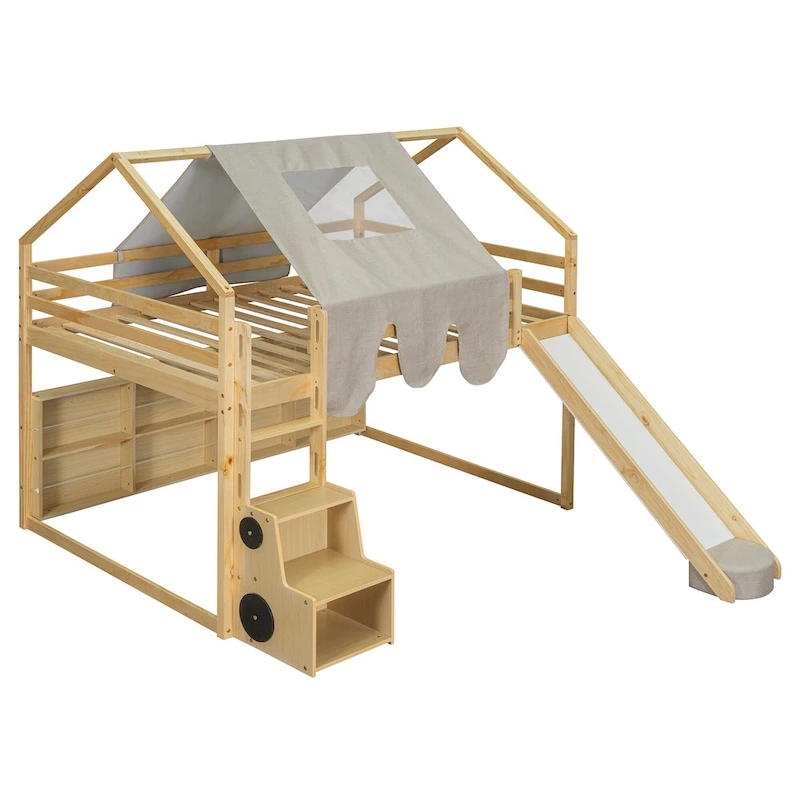 Full Loft Bed with Play Tent, House Design, Slide & Ladder