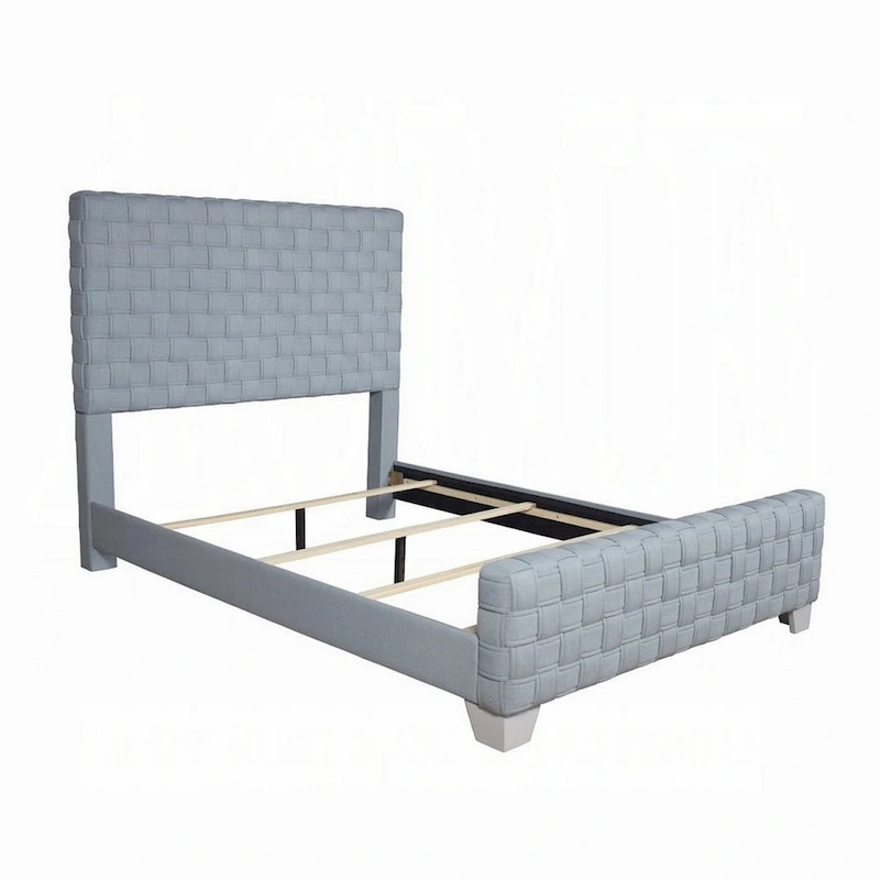 Reah King Size Bed, Light Teal Blue Chenille, Gray Panel Headboard