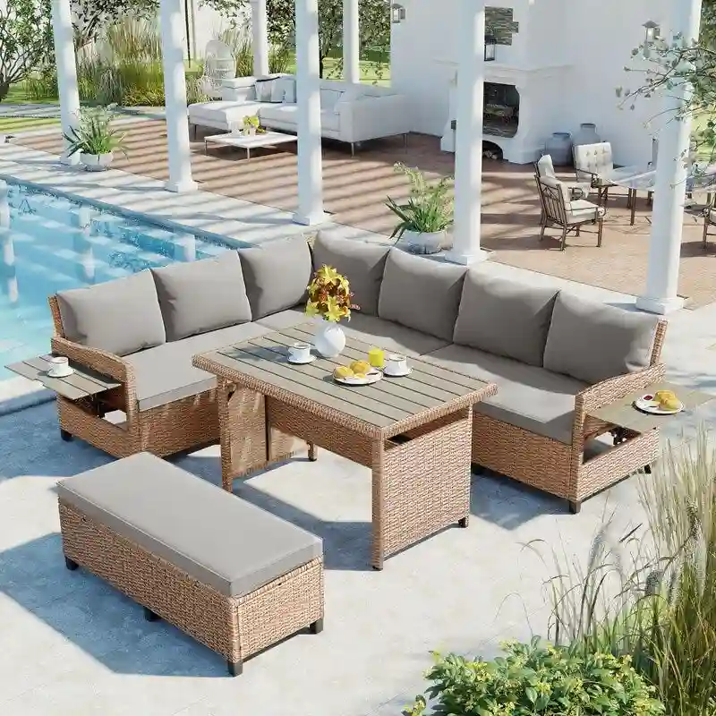 5-Piece L-Shaped Patio Rattan Sofa Set with 2 Extendable Side Tables