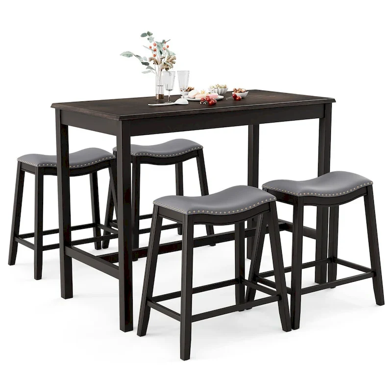 Costway 5PCS Bar Table Set Counter Height Table & Upholstered Saddle