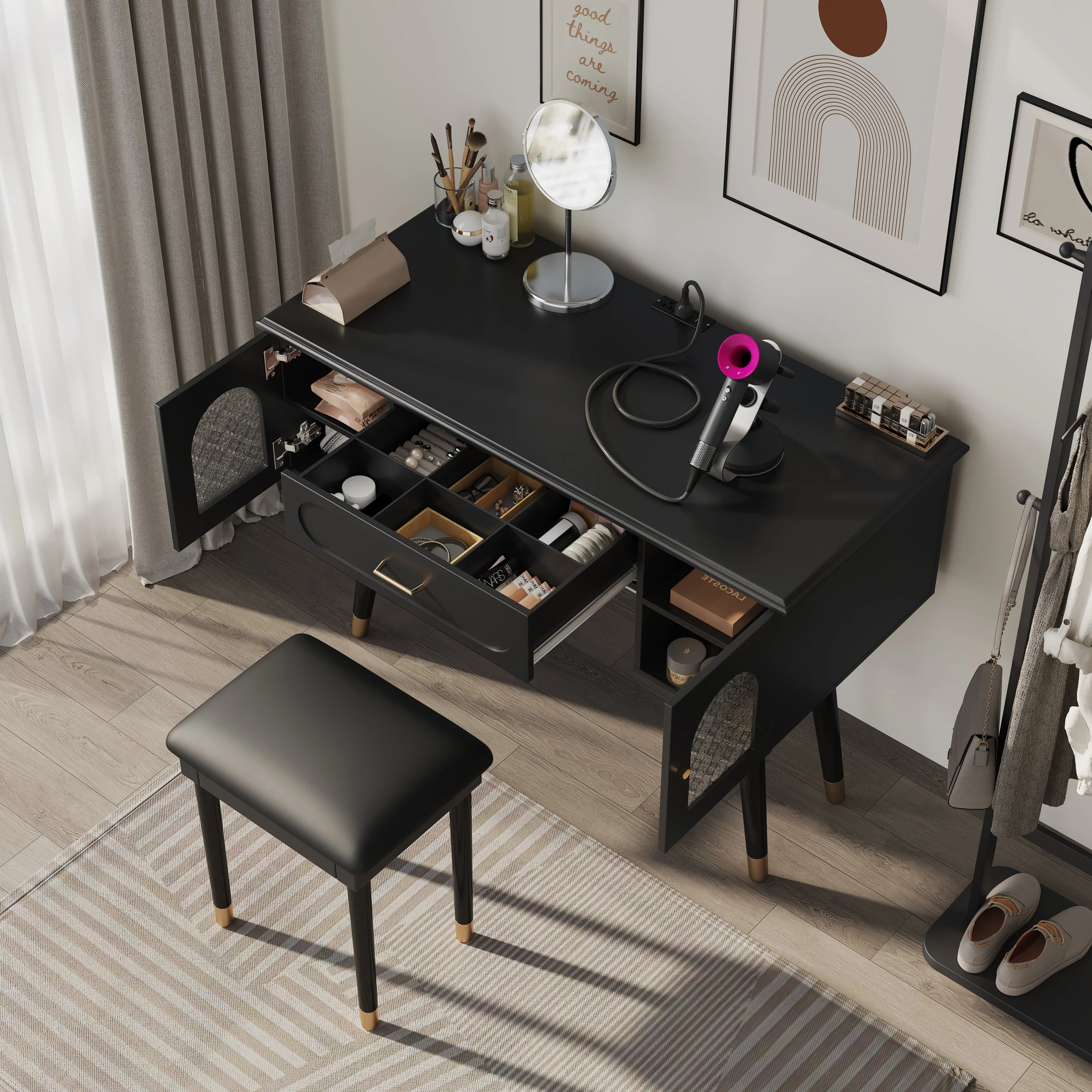 Walker Edison | Modern Vanity Makeup Table & Chair Set and Writing Desk