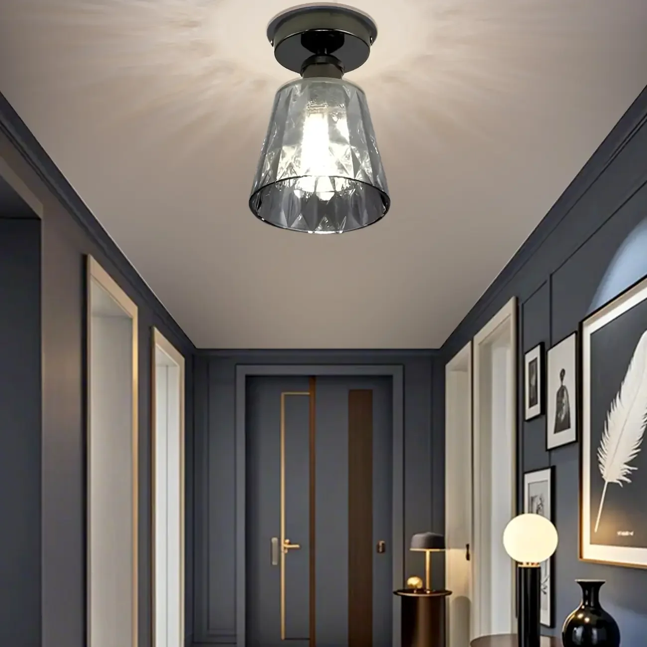 Black Conical Clear Glass Modern Semi Flush Ceiling Light