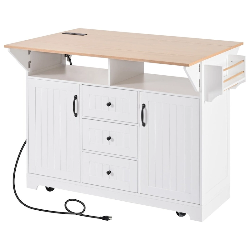 55.7Kitchen Island,2 Drop Leaf,Rolling Kitchen Cart on 5 Wheels,Power Outlet,Folding Dining Table,Spice & Towel Rack,3 Drawers