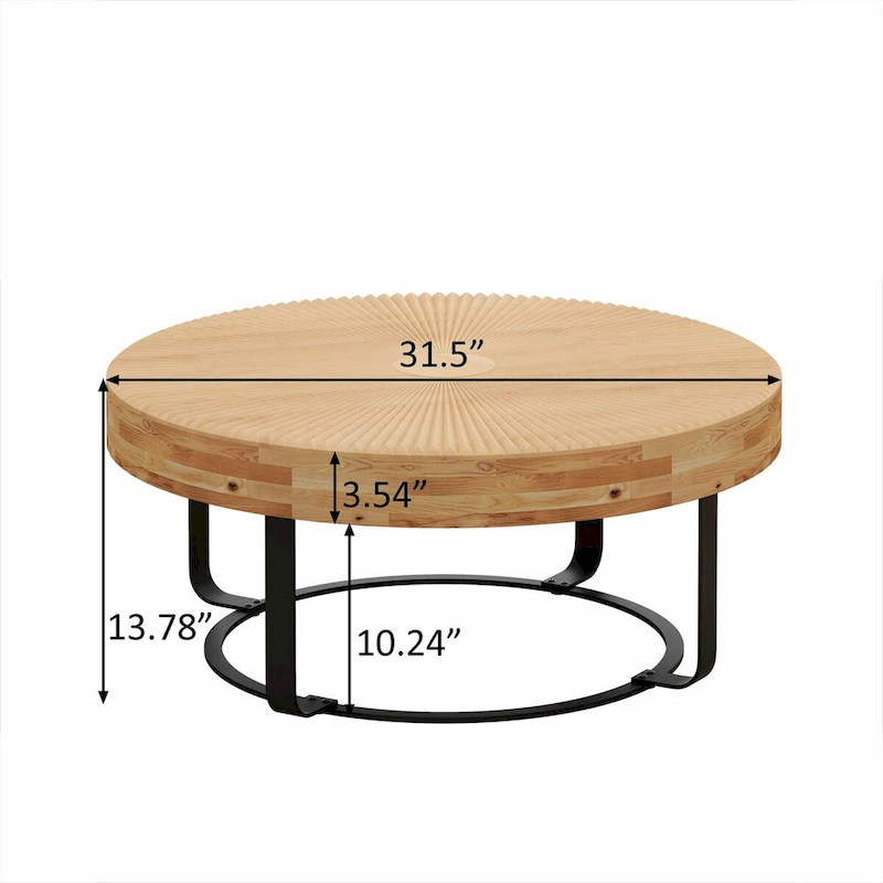 Modern Round Coffee Table with Wooden Carving Pattern and Metal Legs