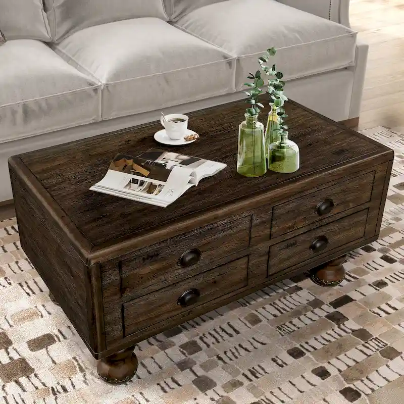 Rectangle Coffee Table, 4 Drawers, Pine Wood & MDF, Oak Veneer, Gourd Legs, 40