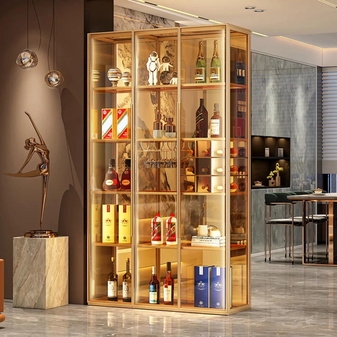 Luxury Multi-Layer Tan Glass Curio Cabinet with Light