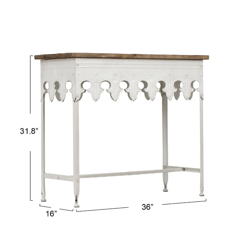 Zinc-Finished Metal and Wood Scalloped Edge Sofa Table