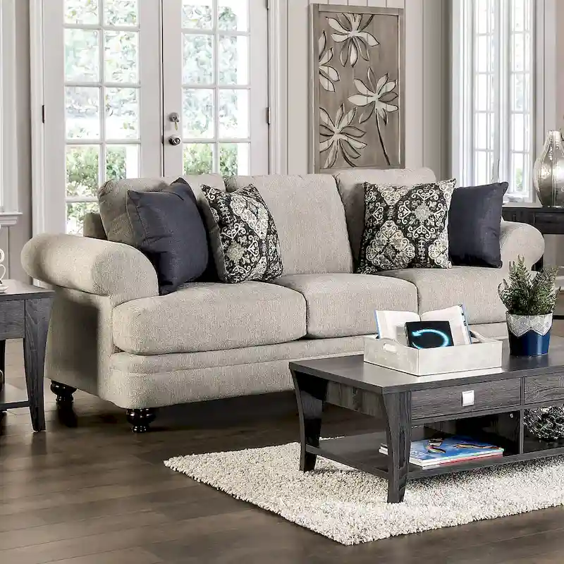 Frane Transitional Beige Chenille Upholstered T-Cushion Sofa by Furniture of America