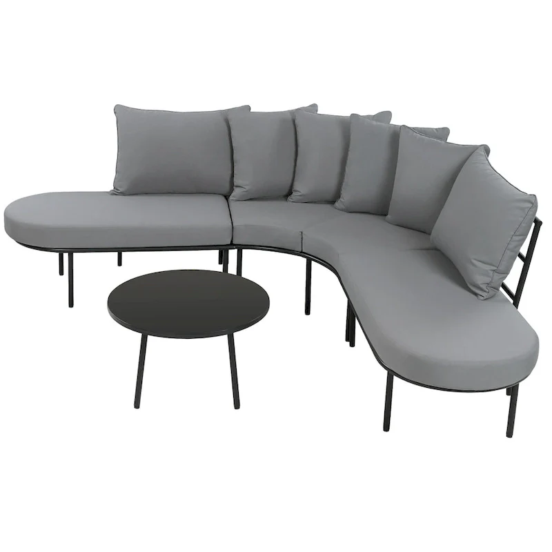 Iron Curved Sectional Sofa Set with Table and Cushions