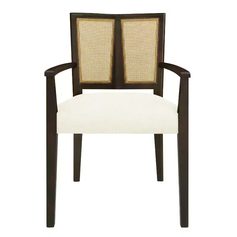 Beige/Dark Brown Upholstered Dining Arm Chairs with Rattan Back, Set of 2