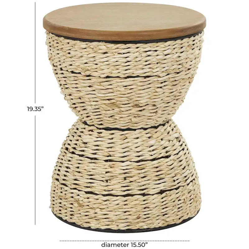 Rattan Handmade Woven Side End Accent Table with Wood Tabletop and Black Frame - Light Brown or Brown