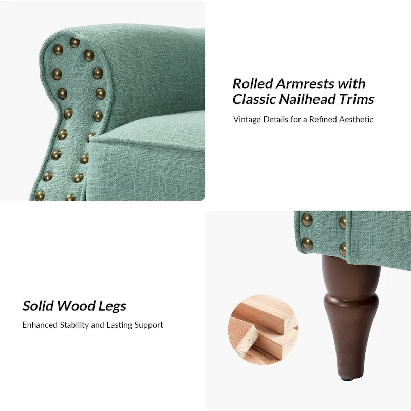 Upholstered Comfy Accent chair with Turned Wooden Legs and Nailhead Trim Set of 2 by