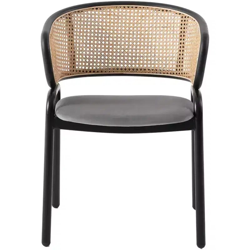 Velvet Upholstered Dining Chair with Woven Rattan Back, Set of 2