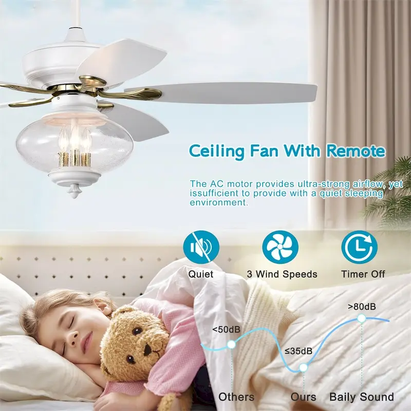 52  Low Profile Ceiling Fan with Remote Control, 3 Speed, Glass Shade