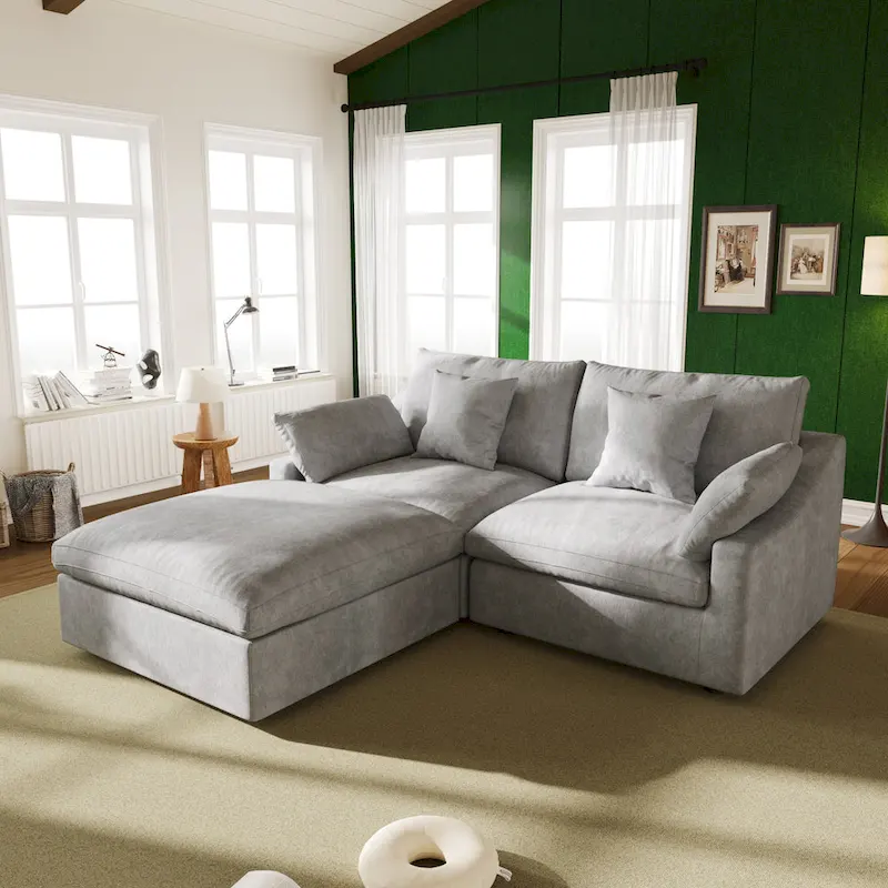 82.68   Down Filled Sectional Couch L-shape Linen Upholstered Loveseat with Ottoman