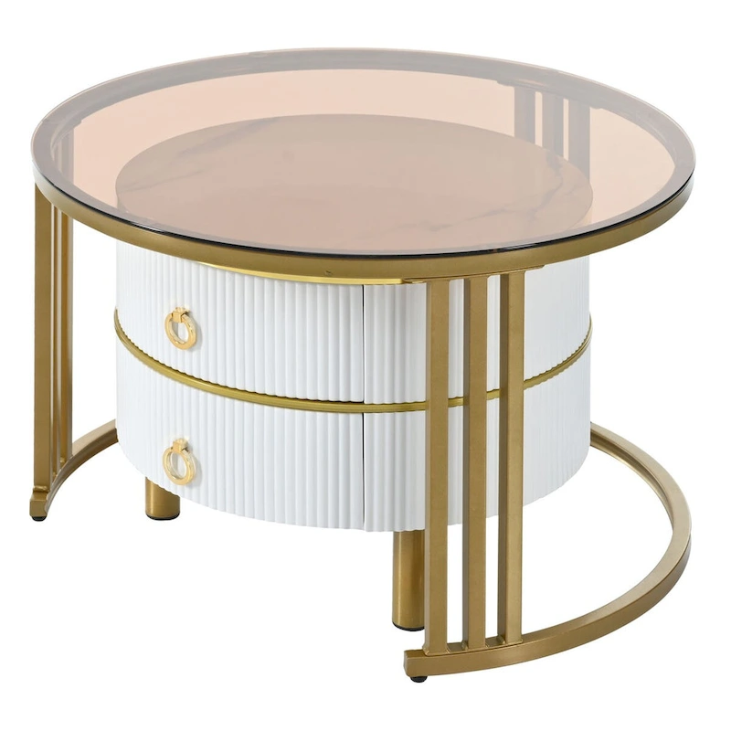 Stackable Round Coffee Table with 2 Drawers, Modern Nesting Tables