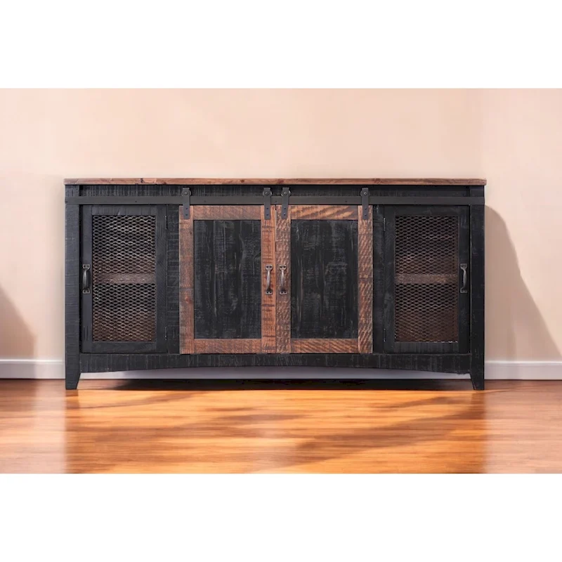 HomeRoots 68 Black Solid Wood Cabinet Enclosed Storage Distressed TV Stand - 67.75
