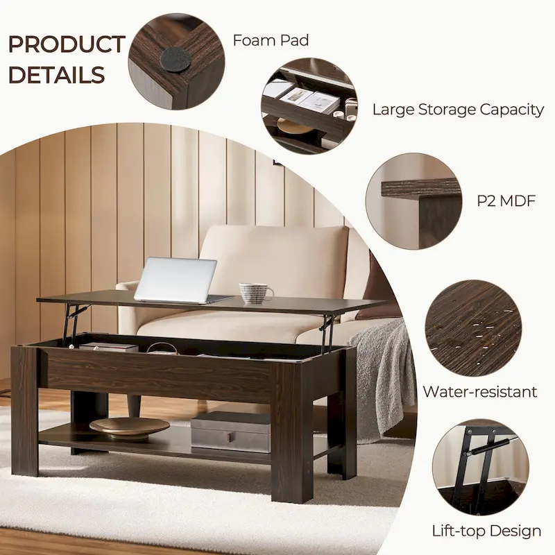 Yaheetech 47.5 Lift Top Coffee Table, Hidden Compartment/ Open Shelf