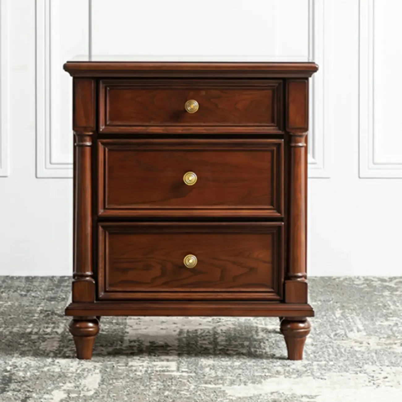 Traditional Ash Wood Nut-Brown 3-Drawer Bedroom Nightstand