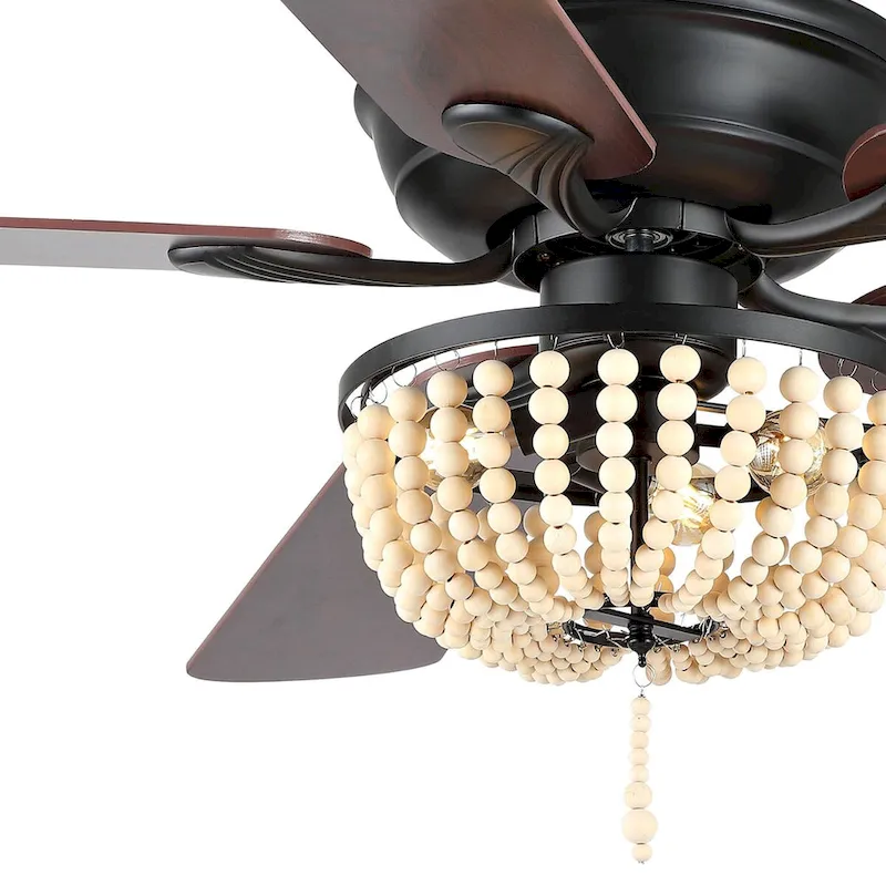 Quinn 52  3-Light Rustic Farmhouse Iron/Wood Bead Mobile-App/Remote-Controlled LED Ceiling Fan, by JONATHAN Y