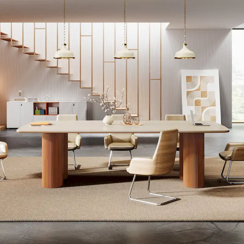 6.5 ft Conference Table with Sintered Stone Top & Wave Stripe Solid Wood Base