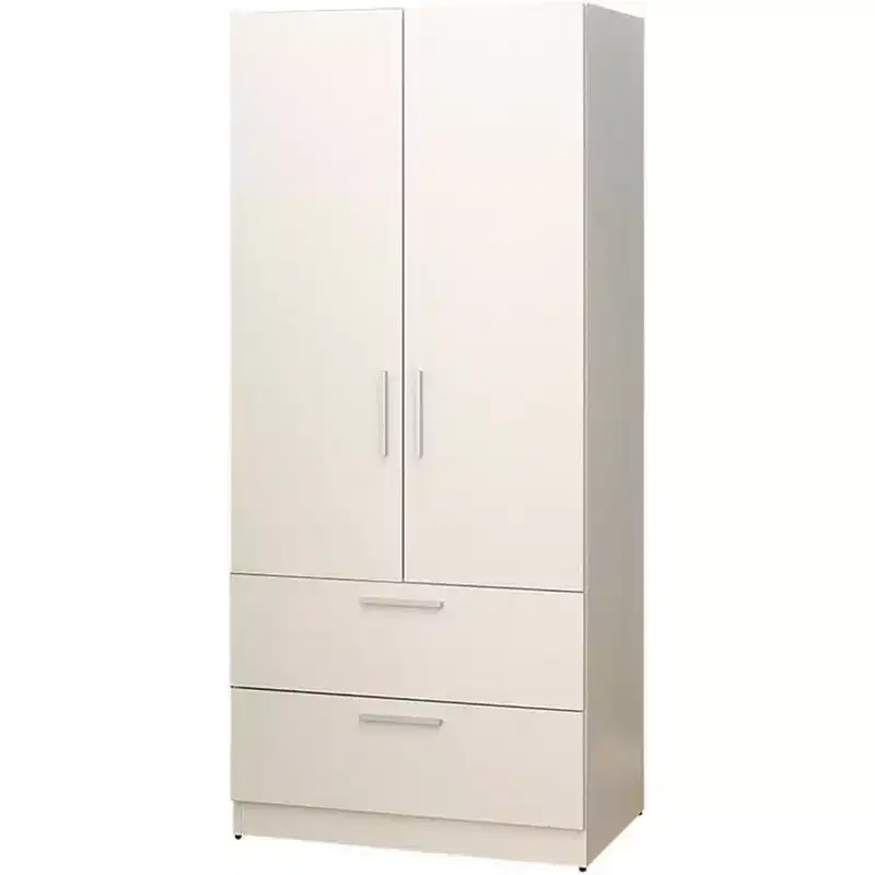 HomeStock Emma Two-Door Wood Closet with Two Drawers and Hanging Bars in White